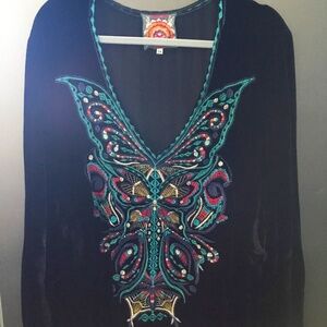 Johnny Was - Black Velvet Asymmetrical Tunic With Embroidered Butterfly Design